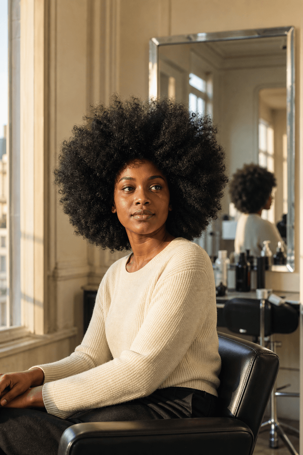 Chevelure afro naturelle, lumière du salon
